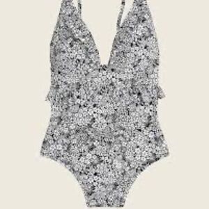 J. Crew Ruffle V Neck One Piece Swimsuit in Valley Floral Navy/White Size 8